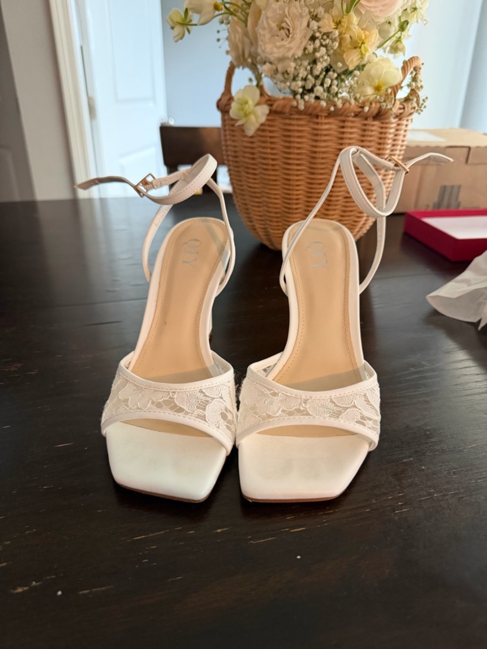Qi White Lace Square-Toe Ankle-Tie Heels